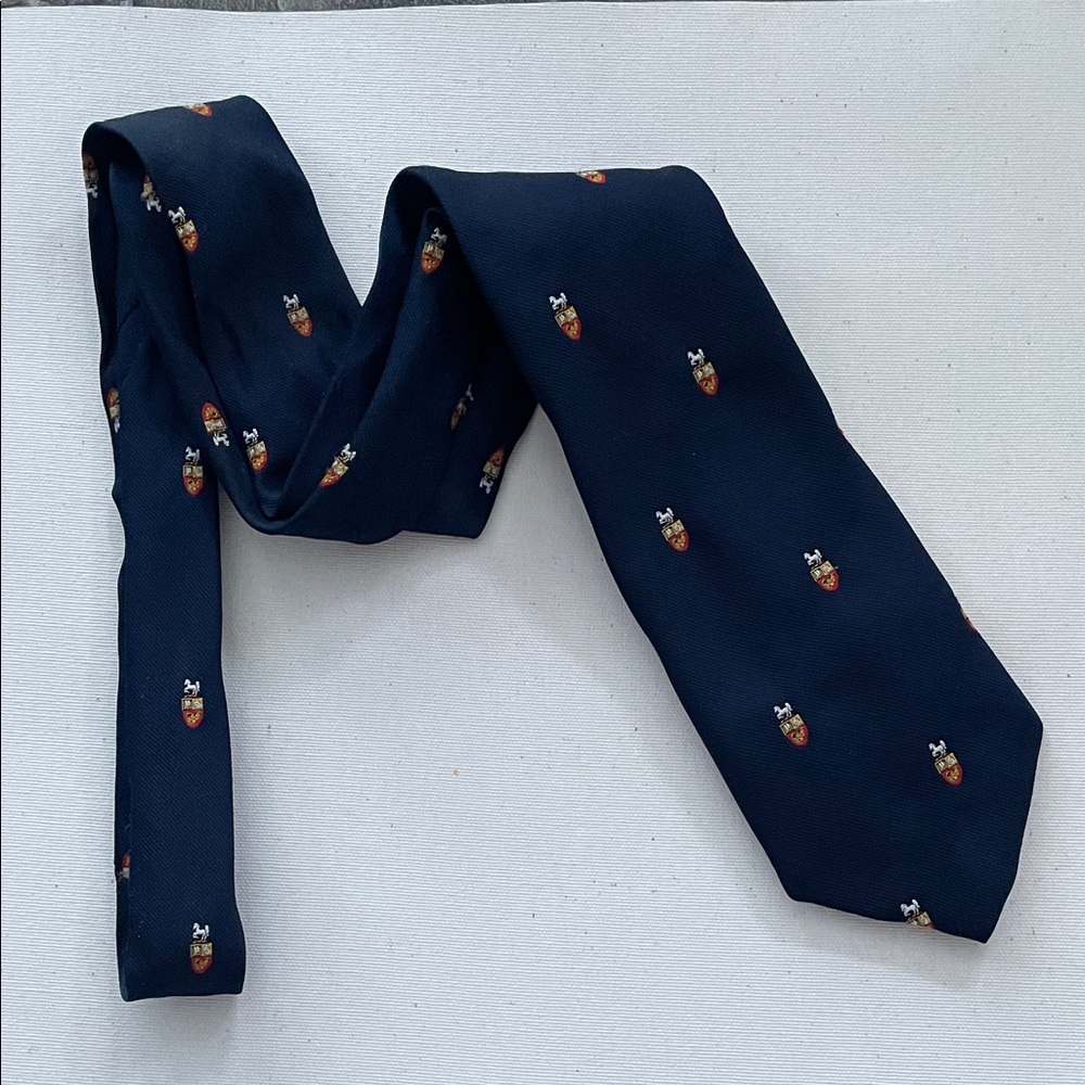 EVANS Vintage Classic Navy Blue Tie Unique Crest Pattern Preppy Office Coastal
